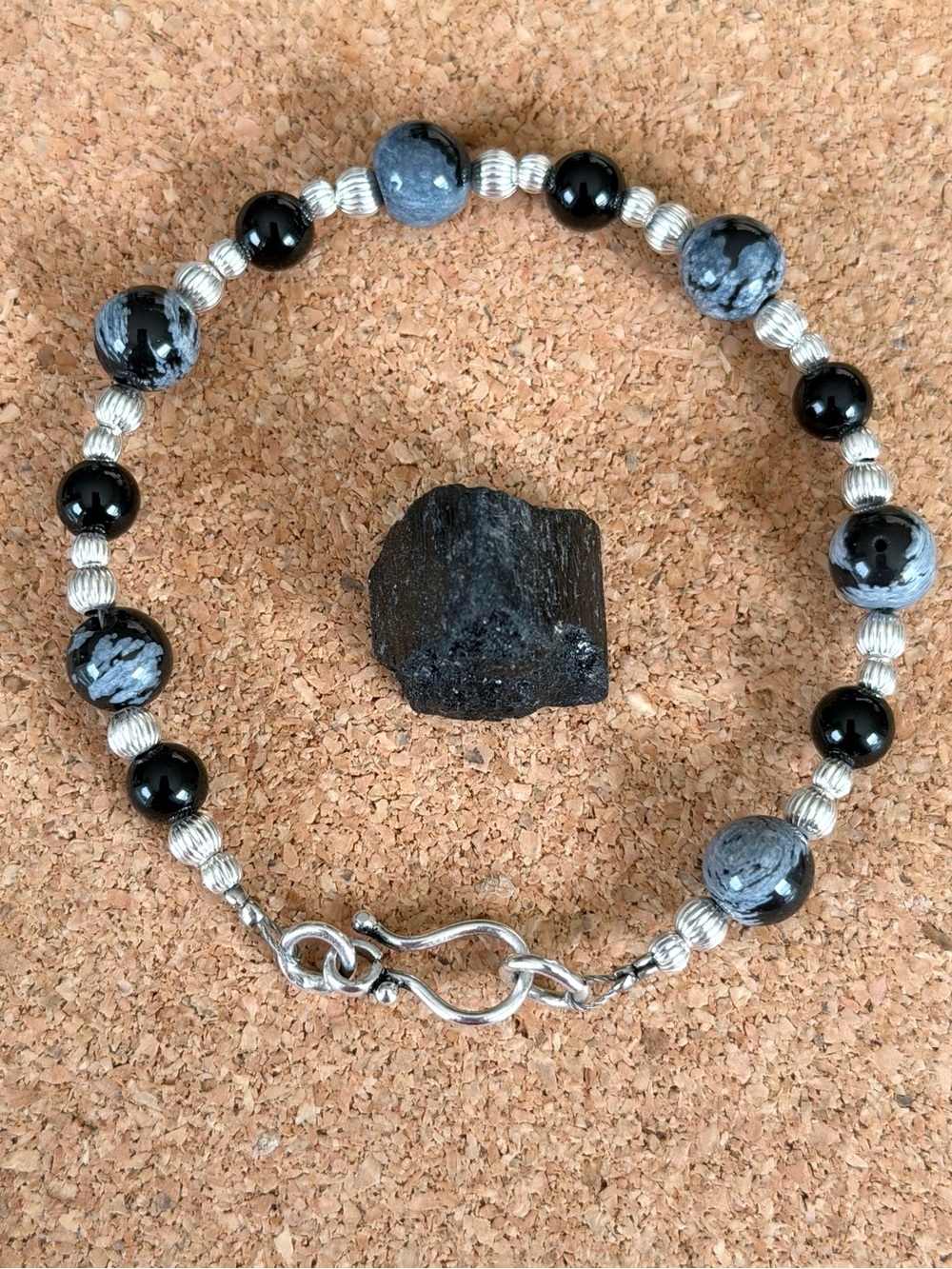 Sterling Silver & Black Snowflake Obsidian Beaded Bracelet - 7”